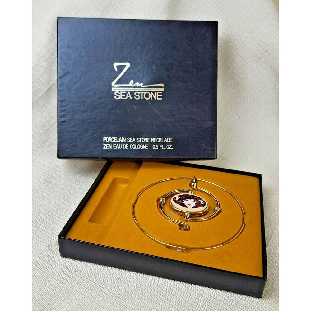 Vintage Zen Sea Stone Women's Face Porcelain Necklace w/Original Box, No Cologne